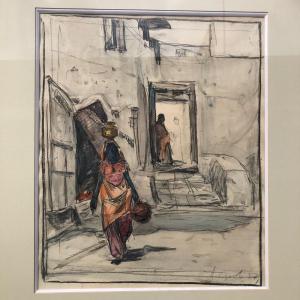 Orientalist Drawing, Enhanced With Watercolor, Water Carrier In The Casbah, Illegible Signed