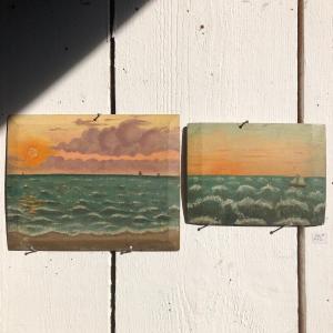 deux petites peintures naïves du début du XXe siècle et représentant un coucher de soleil
