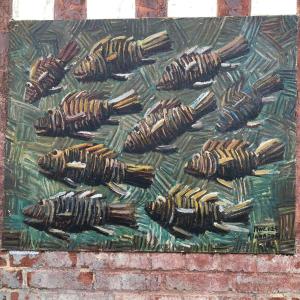 huile sur toile par Mwenze Kibwanga (1925-1999) , peintre congolais ex Congo belge