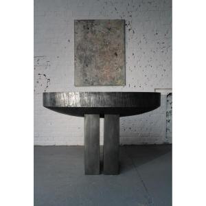 Console Table By Belgian Sculptor Roger Bonduel (1930-2019) In Acid-etched Steel And Patina