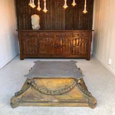 Large Plinth, Pedestal, 19th Century, In Carved And Polychrome Wood With Garland And Ribbon Decoration