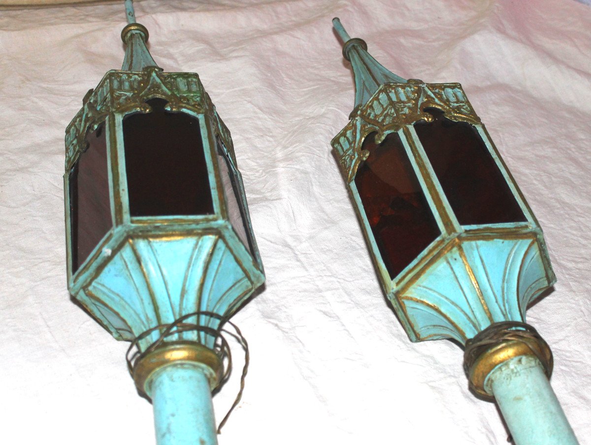 Paire de lanternes de procession dans le goût de Venise époque 19ème style gothique-photo-3
