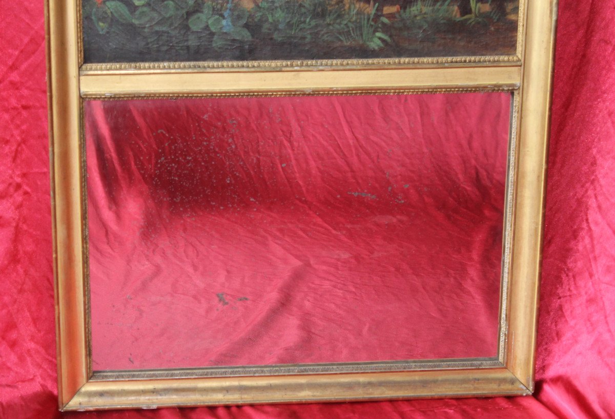 Trumeau époque Empire en bois doré et huile sur toile avec une scène champêtre-photo-2