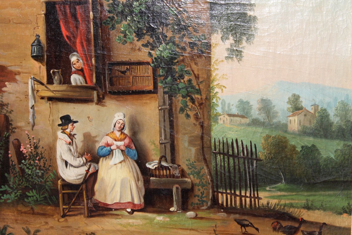 Trumeau époque Empire en bois doré et huile sur toile avec une scène champêtre-photo-4