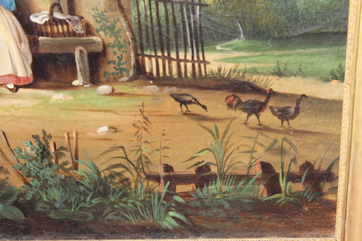 Trumeau époque Empire en bois doré et huile sur toile avec une scène champêtre-photo-5