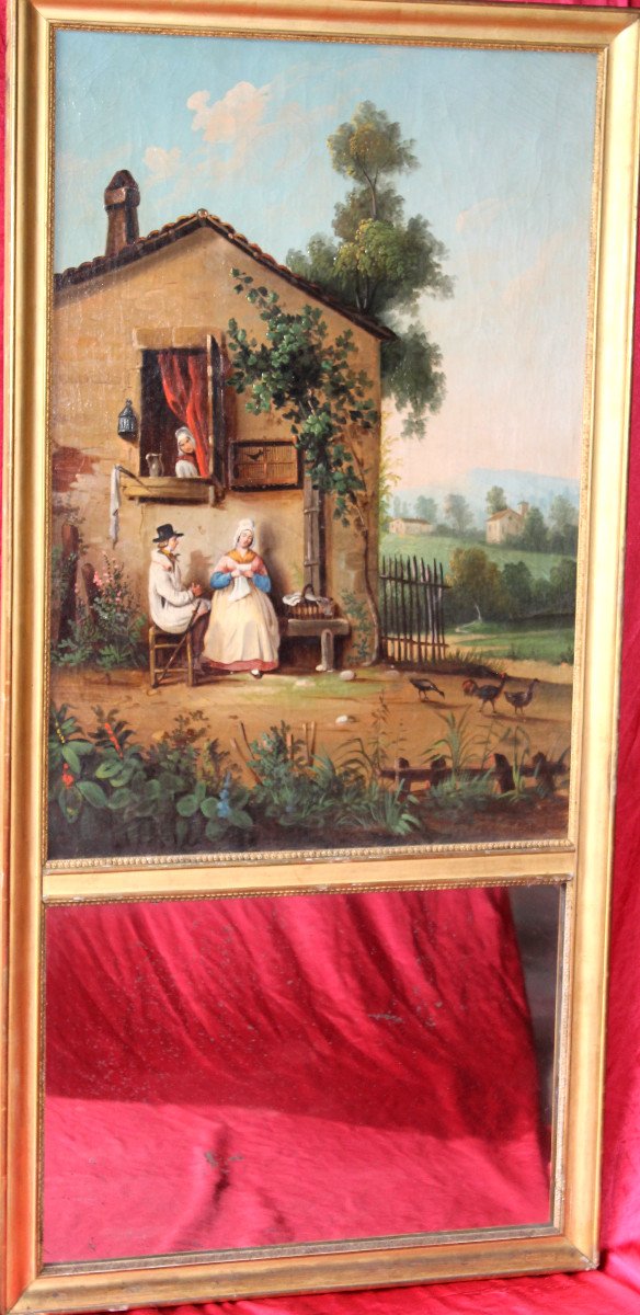 Trumeau époque Empire en bois doré et huile sur toile avec une scène champêtre