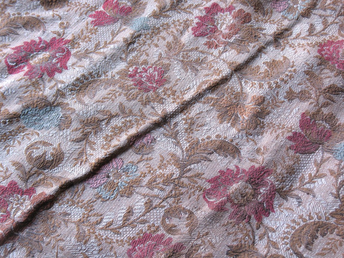 Paire de rideaux tentures portières en tissé Jacquard  motif floral style Louis XIII  fin 19ème-photo-2