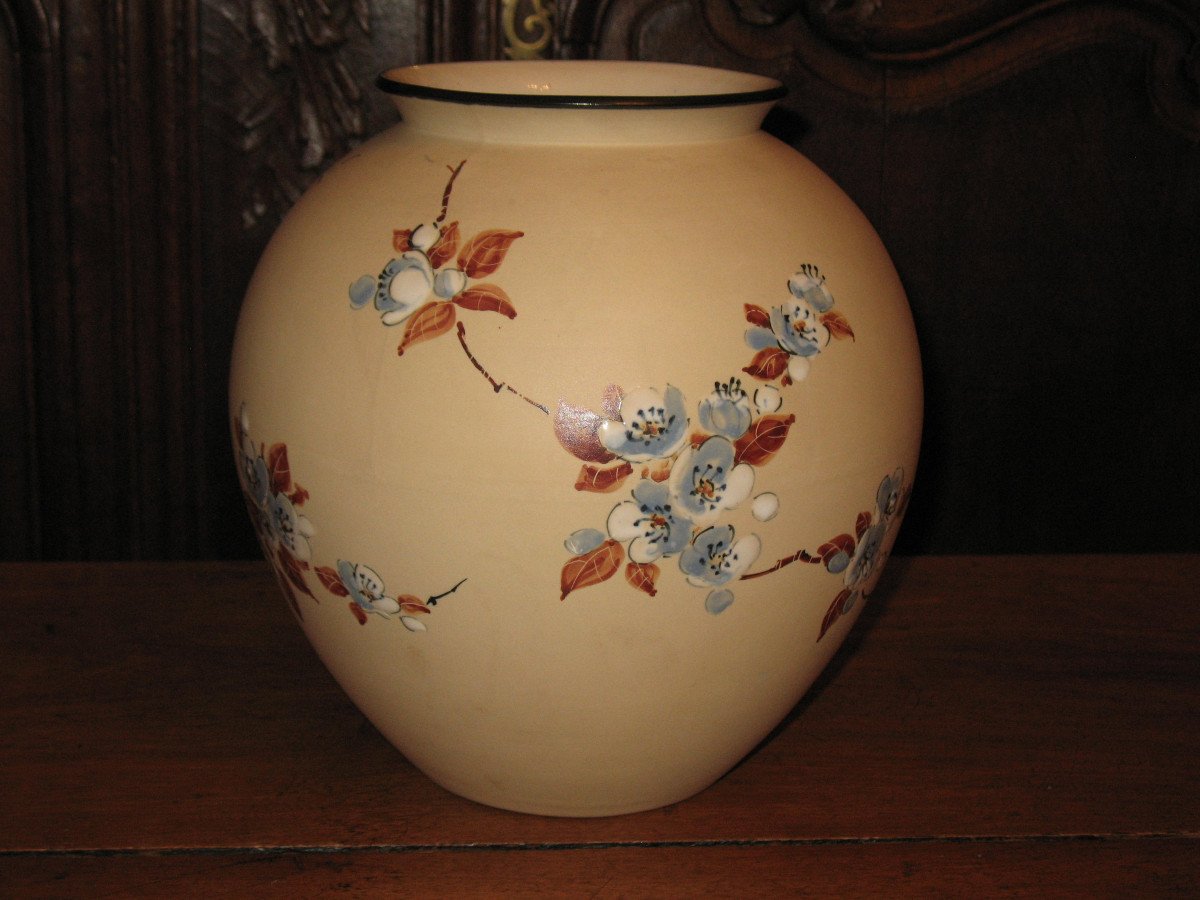 Grand vase boule en grès de Ciboure décor japonisant aux fleurs de cerisier de C Fischer-photo-3