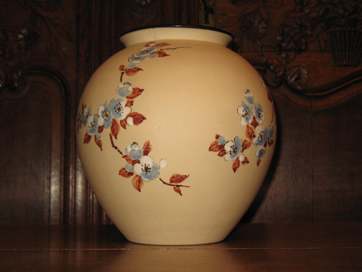 Large Ciboure Sandstone Ball Vase With Japanese Cherry Blossom Decor By C Fischer-photo-4