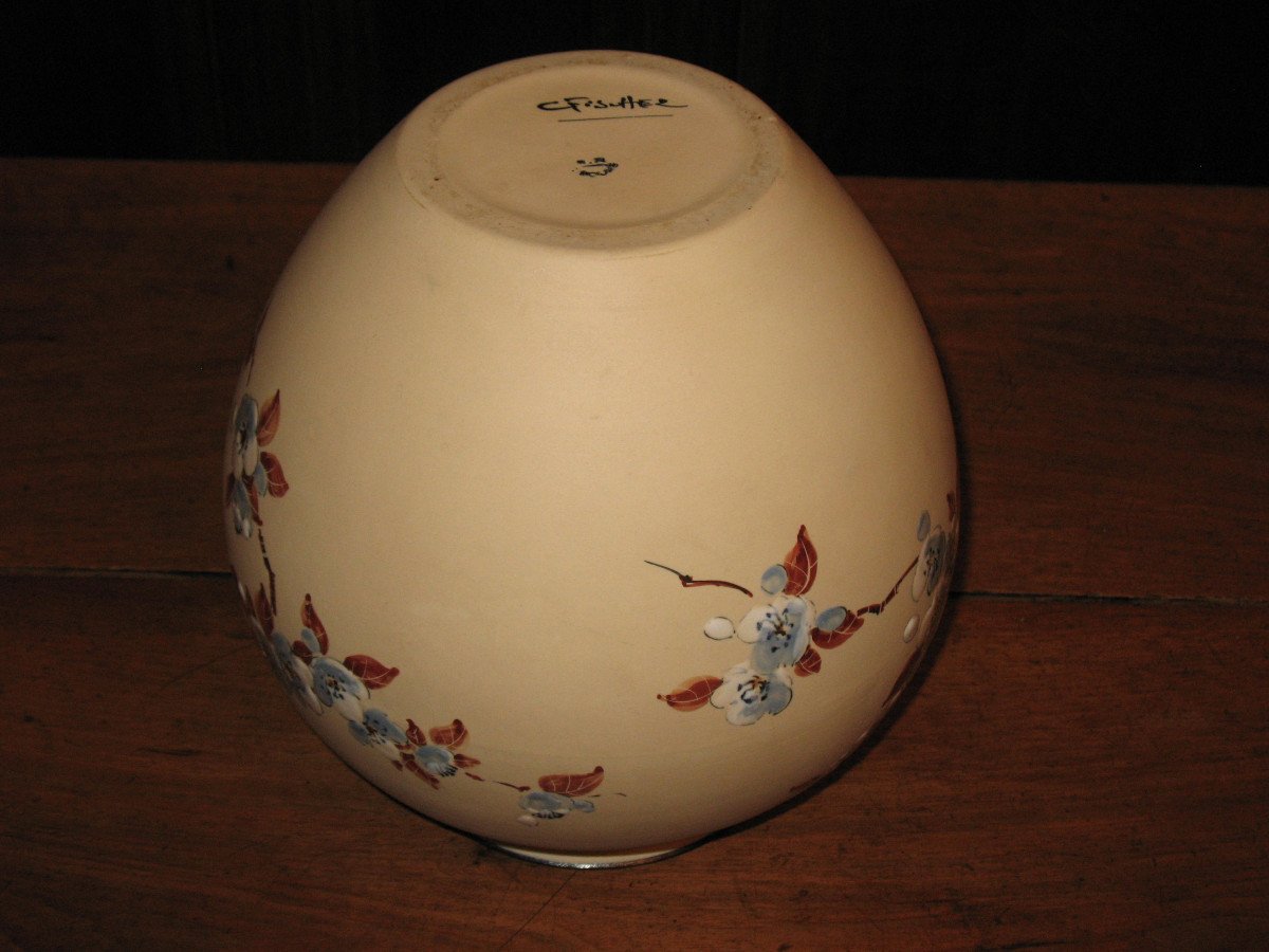 Large Ciboure Sandstone Ball Vase With Japanese Cherry Blossom Decor By C Fischer-photo-7