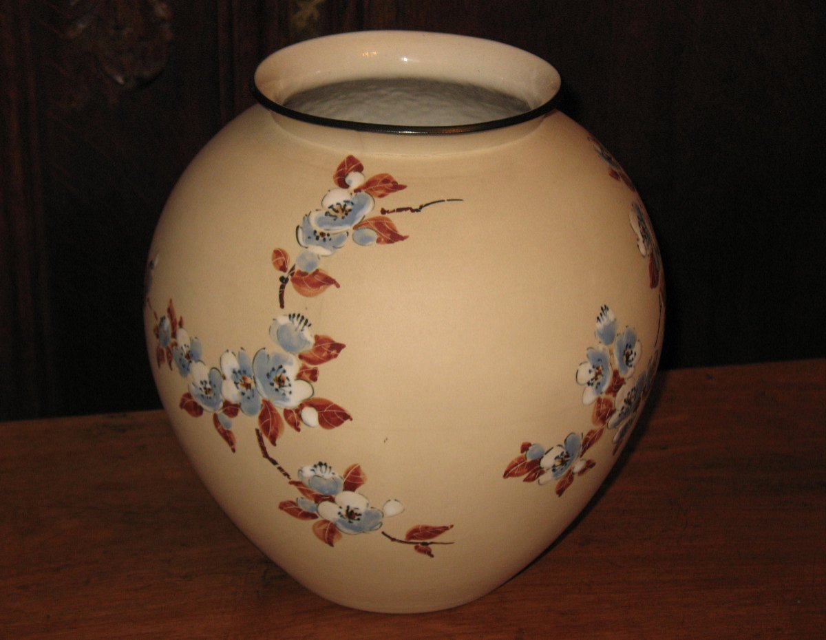 Large Ciboure Sandstone Ball Vase With Japanese Cherry Blossom Decor By C Fischer
