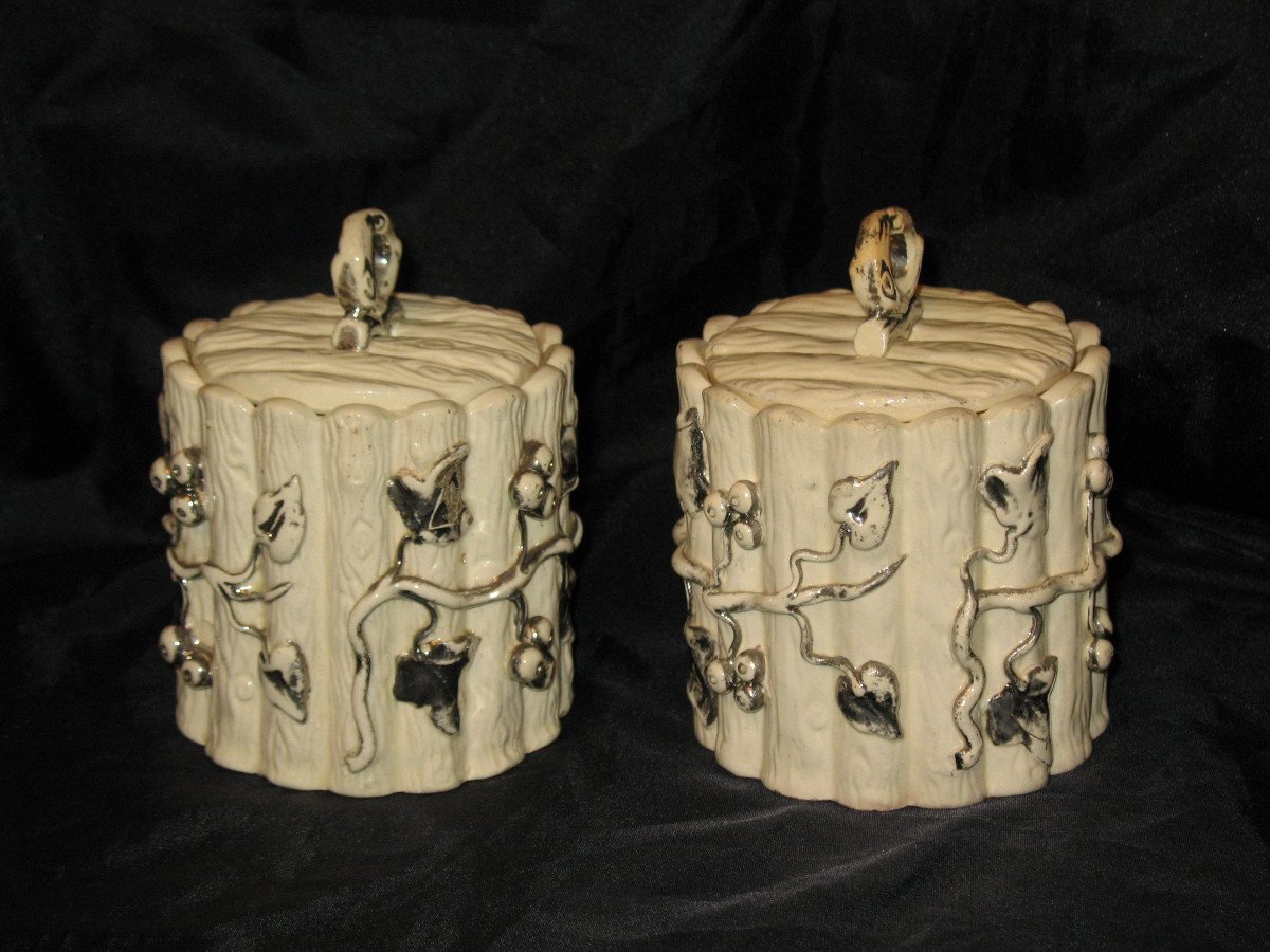 Pair Of Earthenware Tobacco Jars From Langeais Decorated With Berries, 19th Century-photo-2