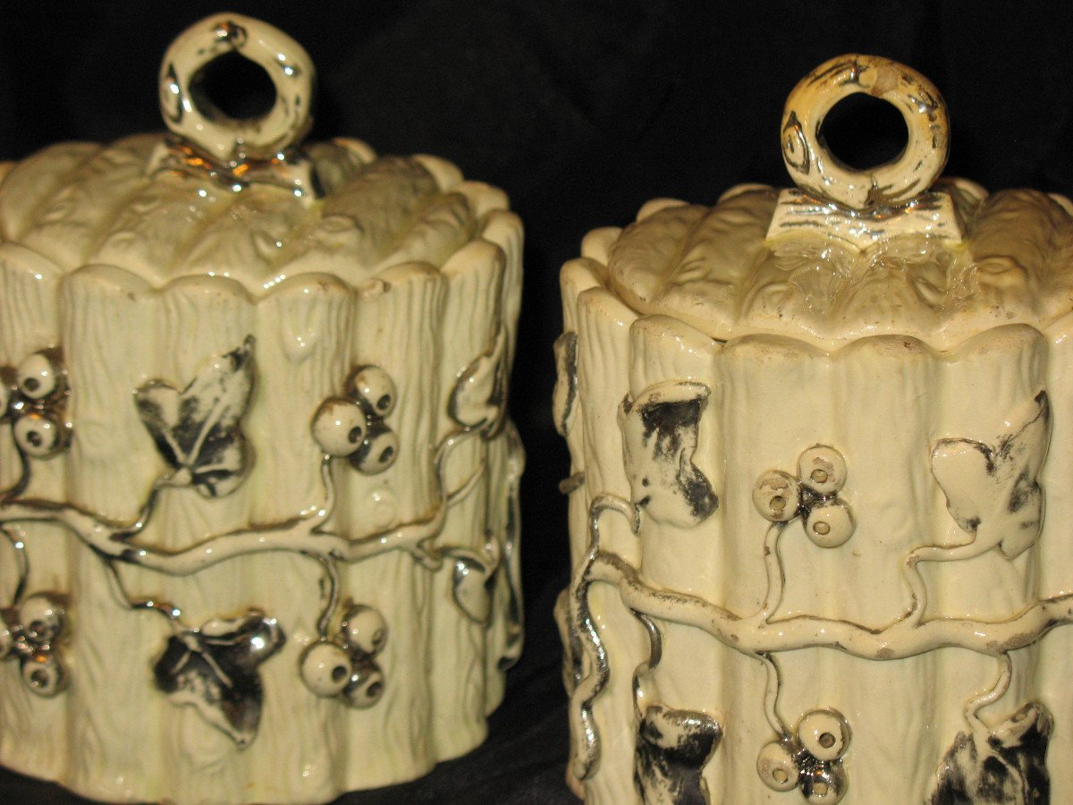 Pair Of Earthenware Tobacco Jars From Langeais Decorated With Berries, 19th Century-photo-2