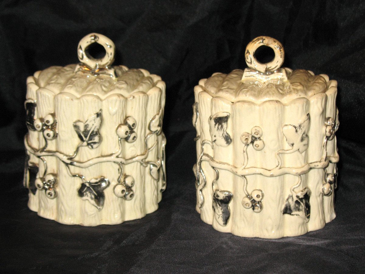 Pair Of Earthenware Tobacco Jars From Langeais Decorated With Berries, 19th Century