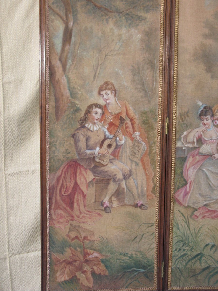 Carved Walnut Screen With 4 Leaves Painted With Gallant Scenes, Louis XVI Style, Ep. 19th-photo-3