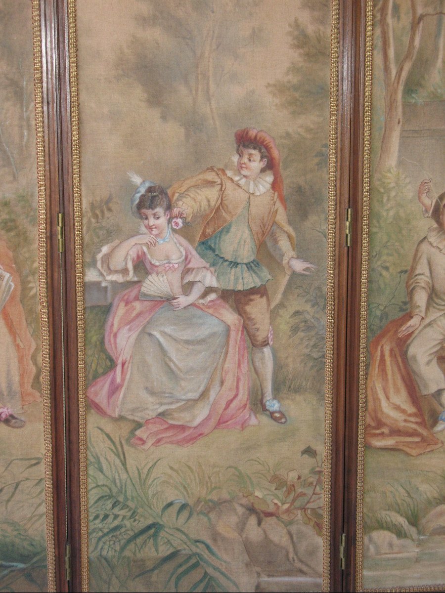 Carved Walnut Screen With 4 Leaves Painted With Gallant Scenes, Louis XVI Style, Ep. 19th-photo-4