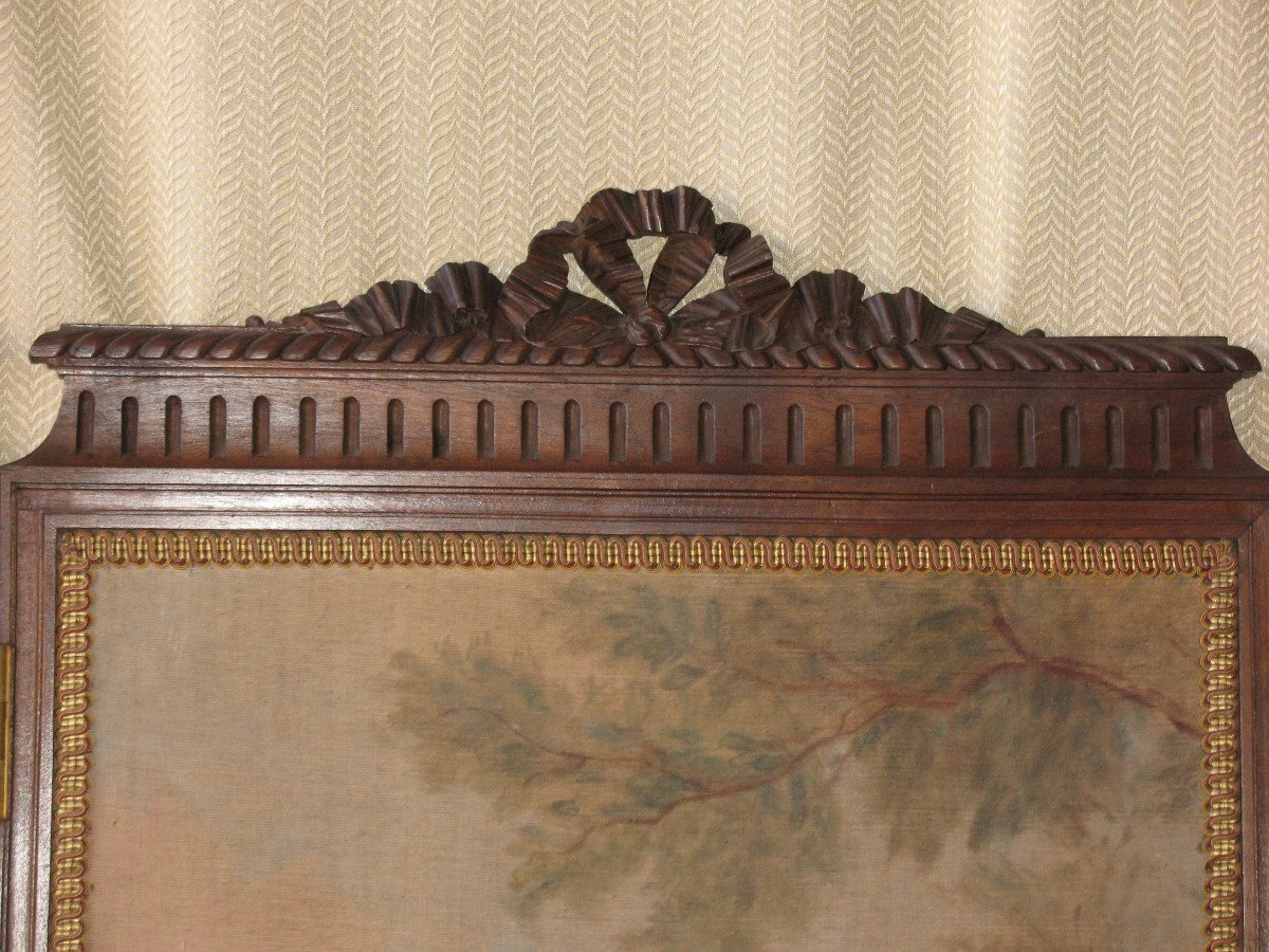 Carved Walnut Screen With 4 Leaves Painted With Gallant Scenes, Louis XVI Style, Ep. 19th-photo-1