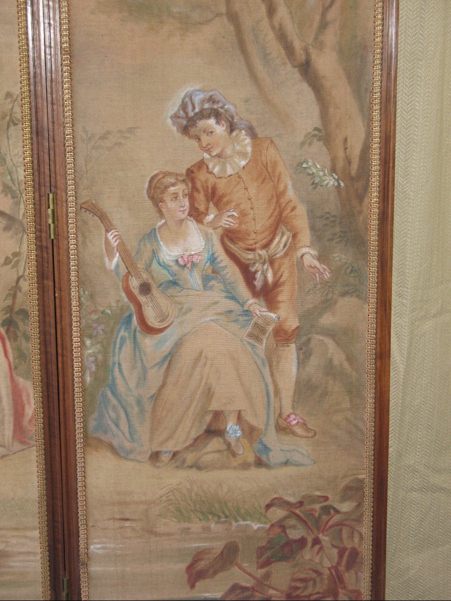 Carved Walnut Screen With 4 Leaves Painted With Gallant Scenes, Louis XVI Style, Ep. 19th-photo-3