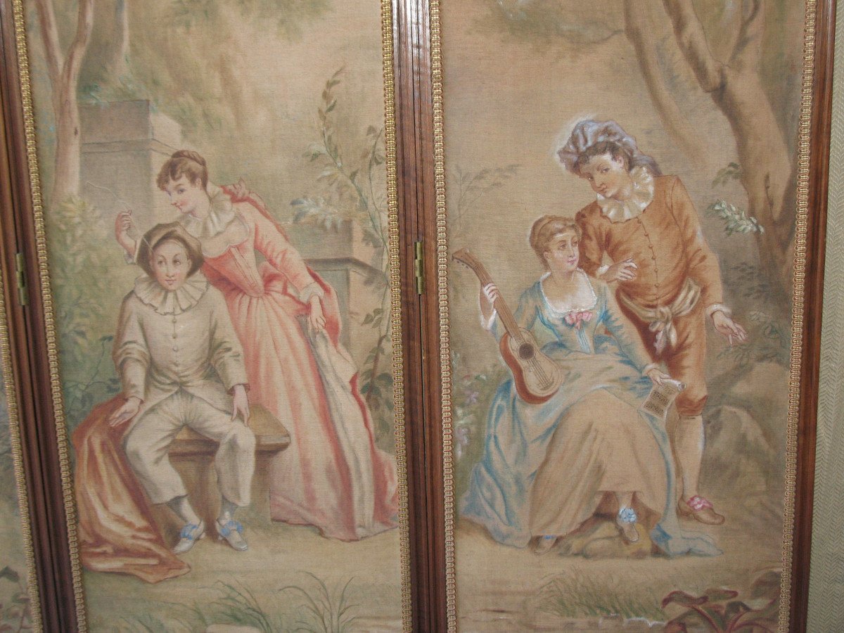 Carved Walnut Screen With 4 Leaves Painted With Gallant Scenes, Louis XVI Style, Ep. 19th-photo-5