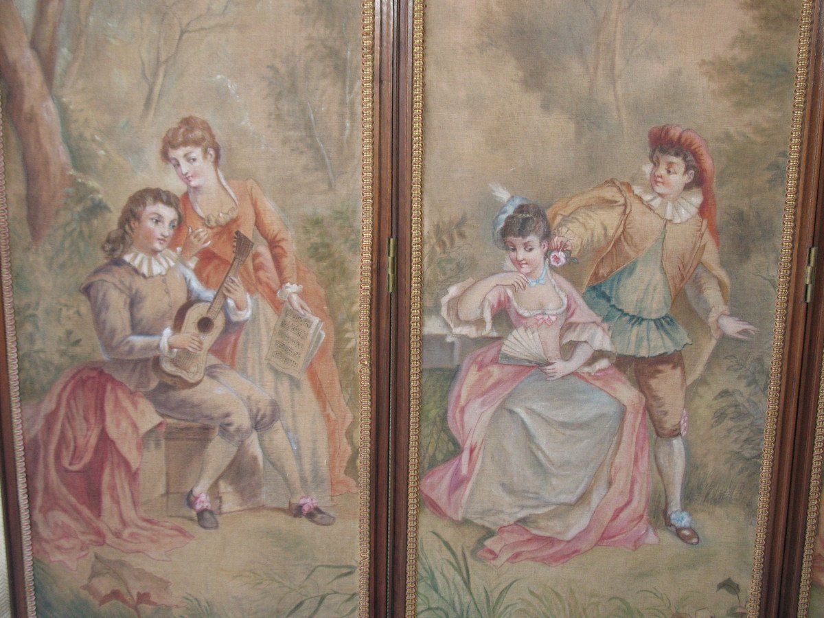 Carved Walnut Screen With 4 Leaves Painted With Gallant Scenes, Louis XVI Style, Ep. 19th-photo-6