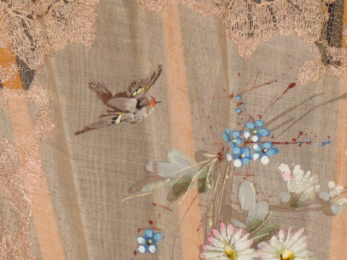 Eventail en organza peint à décor d'oiseaux et fleurs époque début 20ème-photo-6