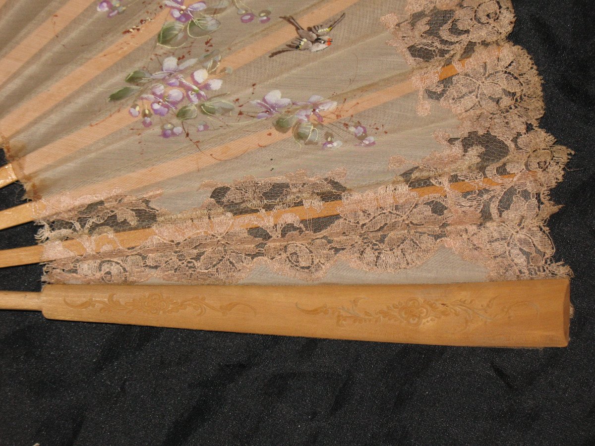 Eventail en organza peint à décor d'oiseaux et fleurs époque début 20ème-photo-7