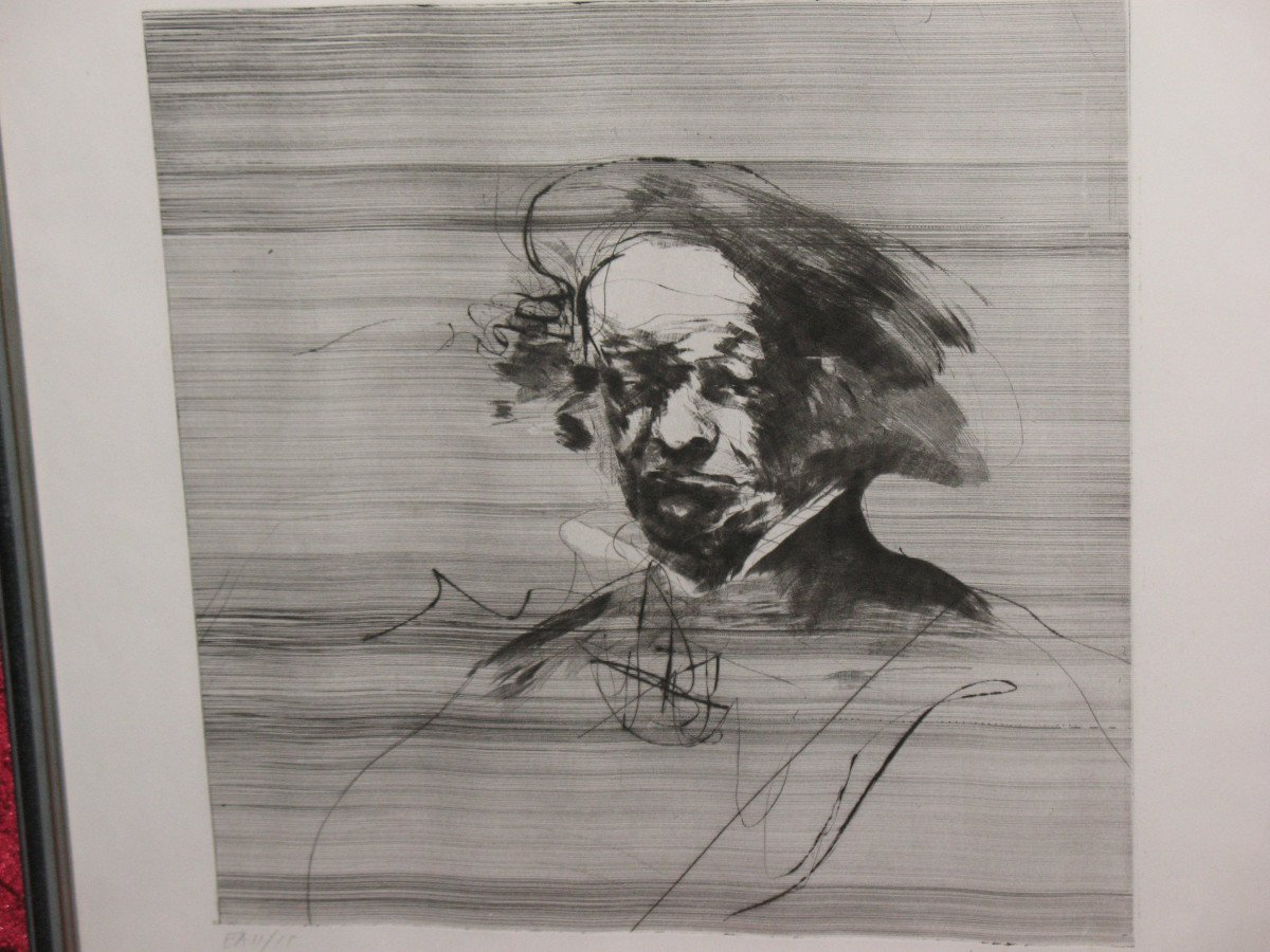 Claude Weisbuch (1927-2014) pointe sèche originale Portrait au béret-photo-2