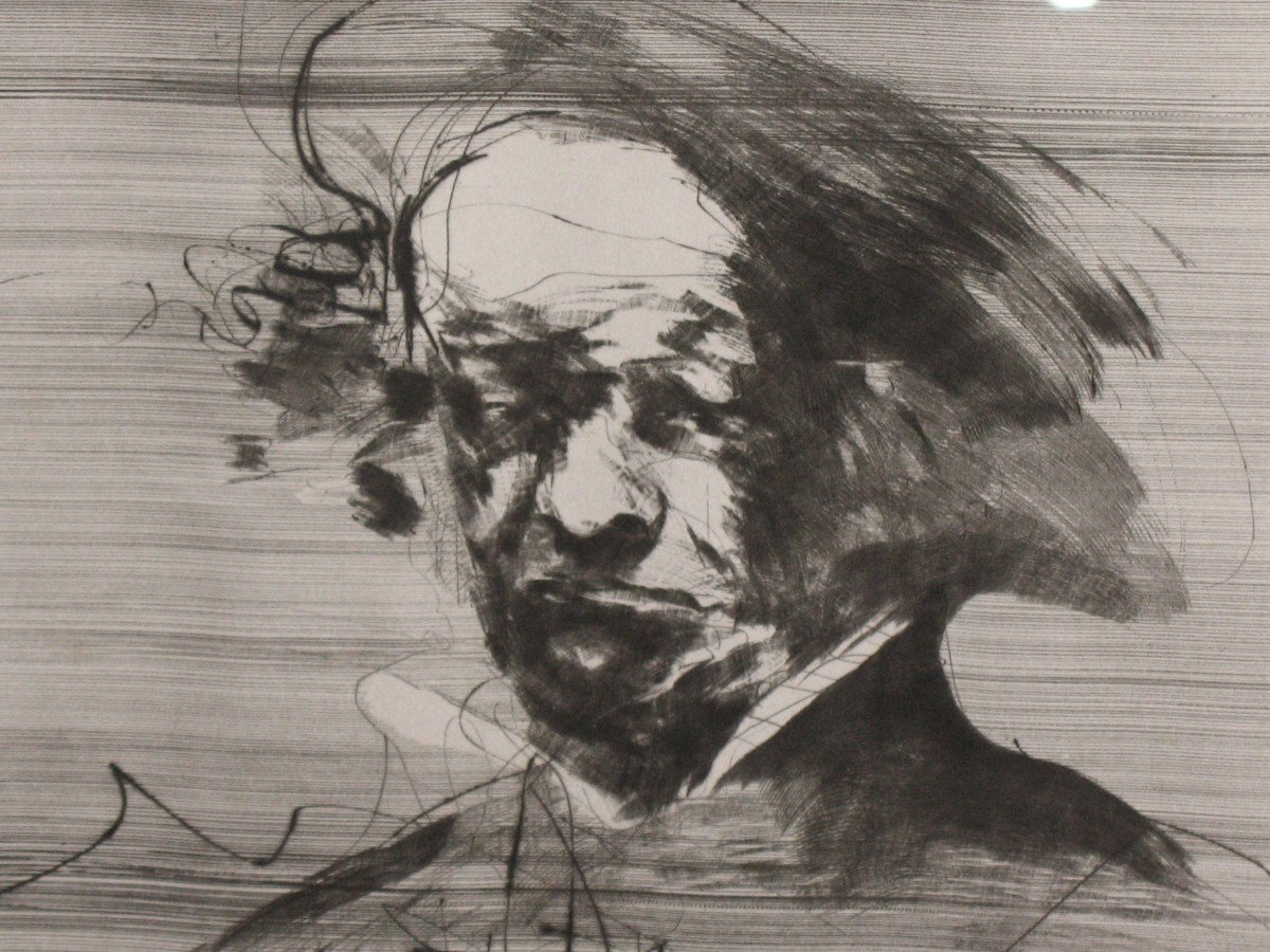 Claude Weisbuch (1927-2014) pointe sèche originale Portrait au béret-photo-3
