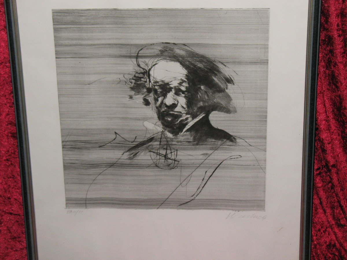 Claude Weisbuch (1927-2014) pointe sèche originale Portrait au béret-photo-3