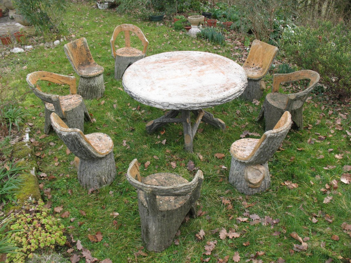 Salon de jardin en ciment imitant le bois naturel époque années 50 composé de 9 pièces-photo-2