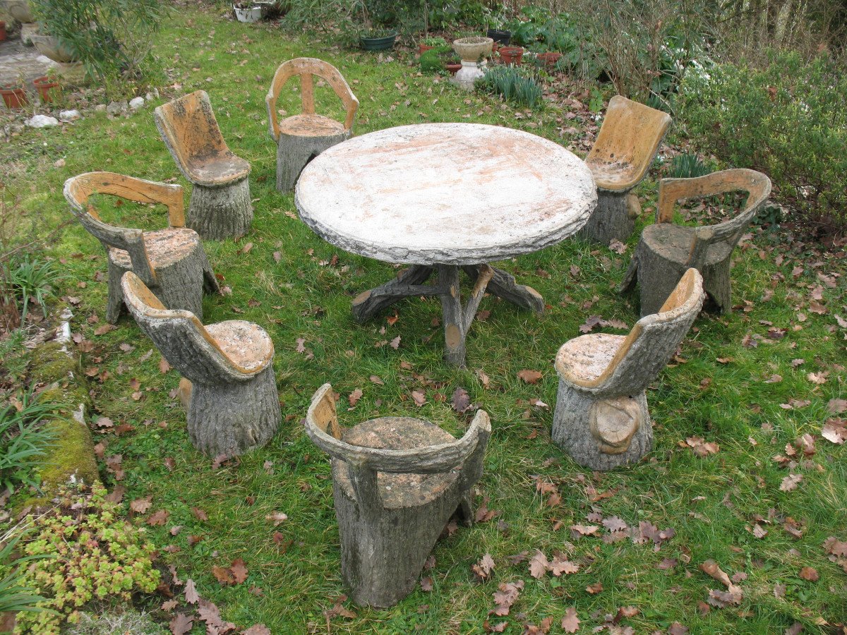 Garden Furniture In Cement Imitating Natural Wood From The 1950s Composed Of 9 Pieces-photo-2