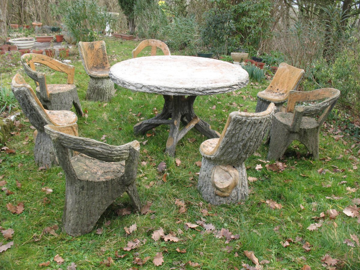 Garden Furniture In Cement Imitating Natural Wood From The 1950s Composed Of 9 Pieces-photo-3