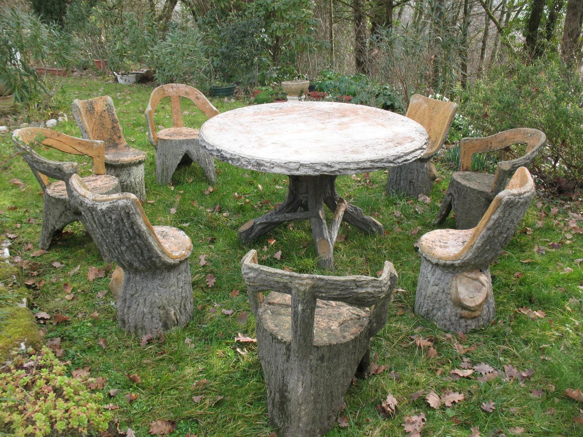 Garden Furniture In Cement Imitating Natural Wood From The 1950s Composed Of 9 Pieces-photo-4