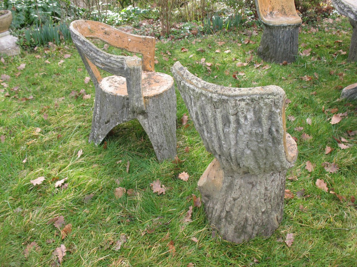 Garden Furniture In Cement Imitating Natural Wood From The 1950s Composed Of 9 Pieces-photo-2