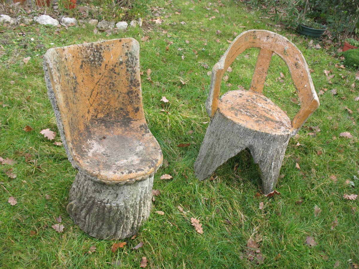 Garden Furniture In Cement Imitating Natural Wood From The 1950s Composed Of 9 Pieces-photo-3