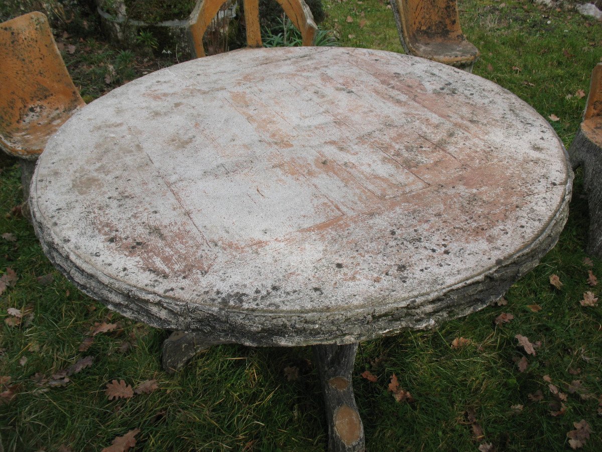 Garden Furniture In Cement Imitating Natural Wood From The 1950s Composed Of 9 Pieces-photo-4