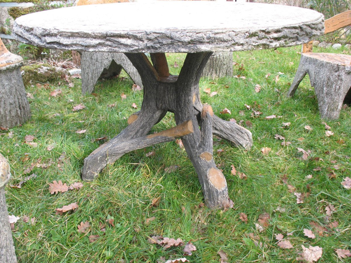 Salon de jardin en ciment imitant le bois naturel époque années 50 composé de 9 pièces-photo-5
