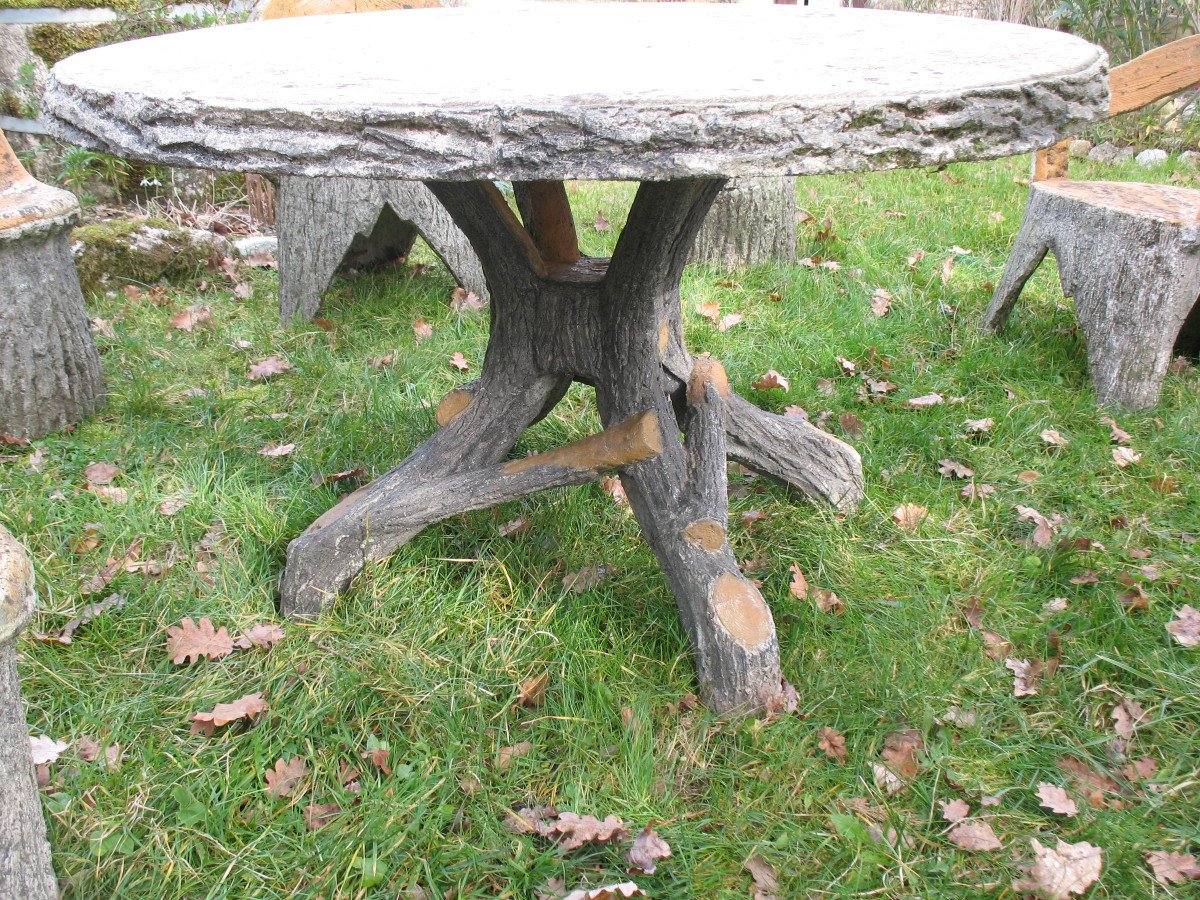 Garden Furniture In Cement Imitating Natural Wood From The 1950s Composed Of 9 Pieces-photo-5