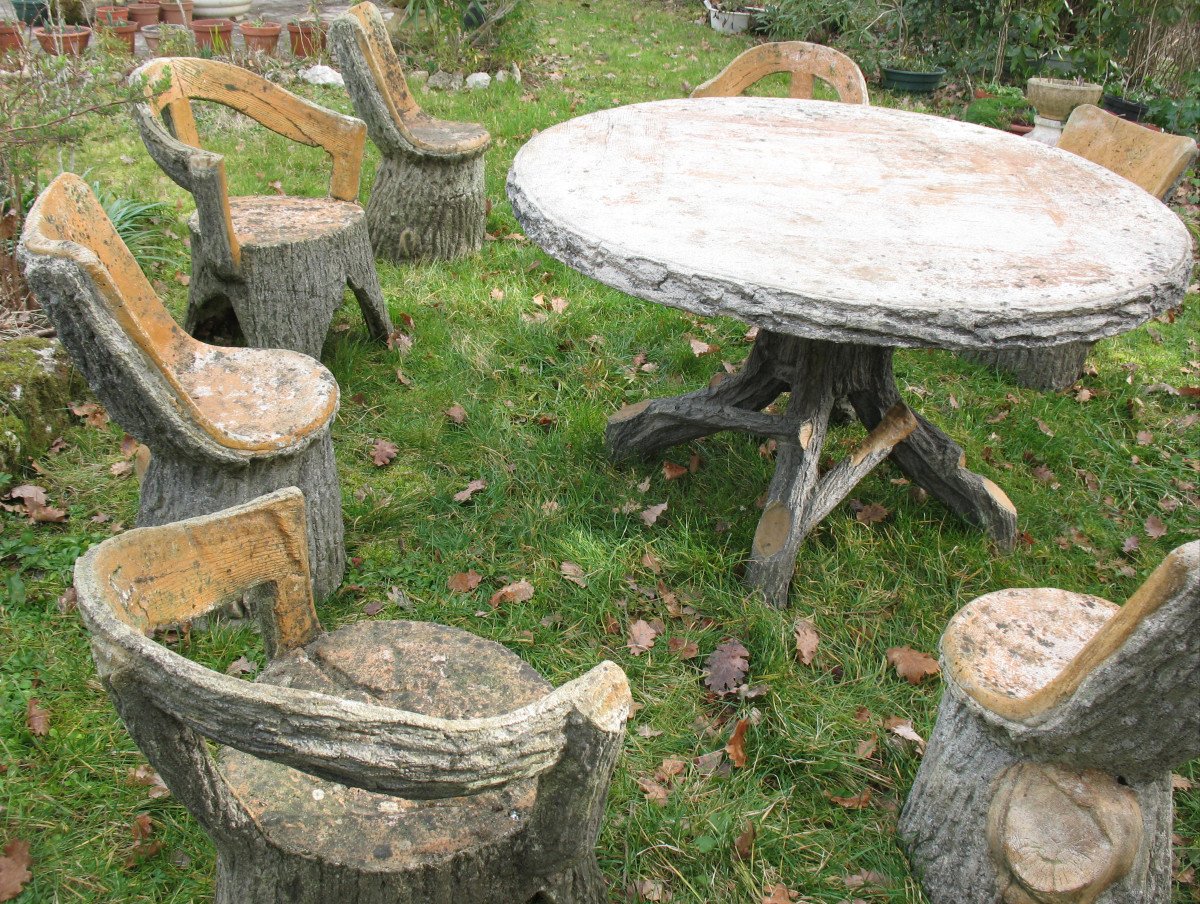 Garden Furniture In Cement Imitating Natural Wood From The 1950s Composed Of 9 Pieces-photo-8