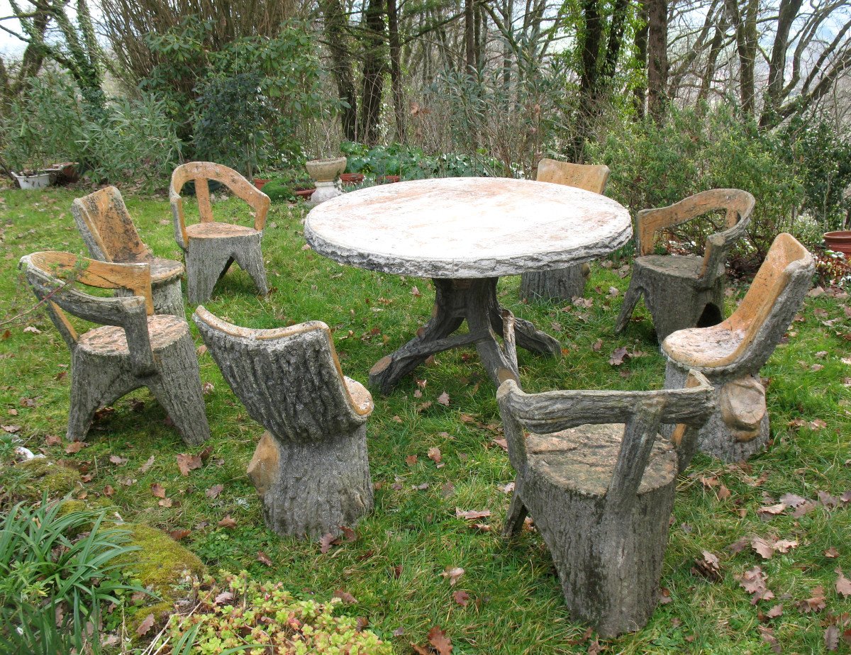 Garden Furniture In Cement Imitating Natural Wood From The 1950s Composed Of 9 Pieces