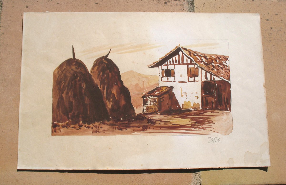 Watercolor Brown Wash View Of Sare And The Rhune Landscape Basque Country 20th Time-photo-3