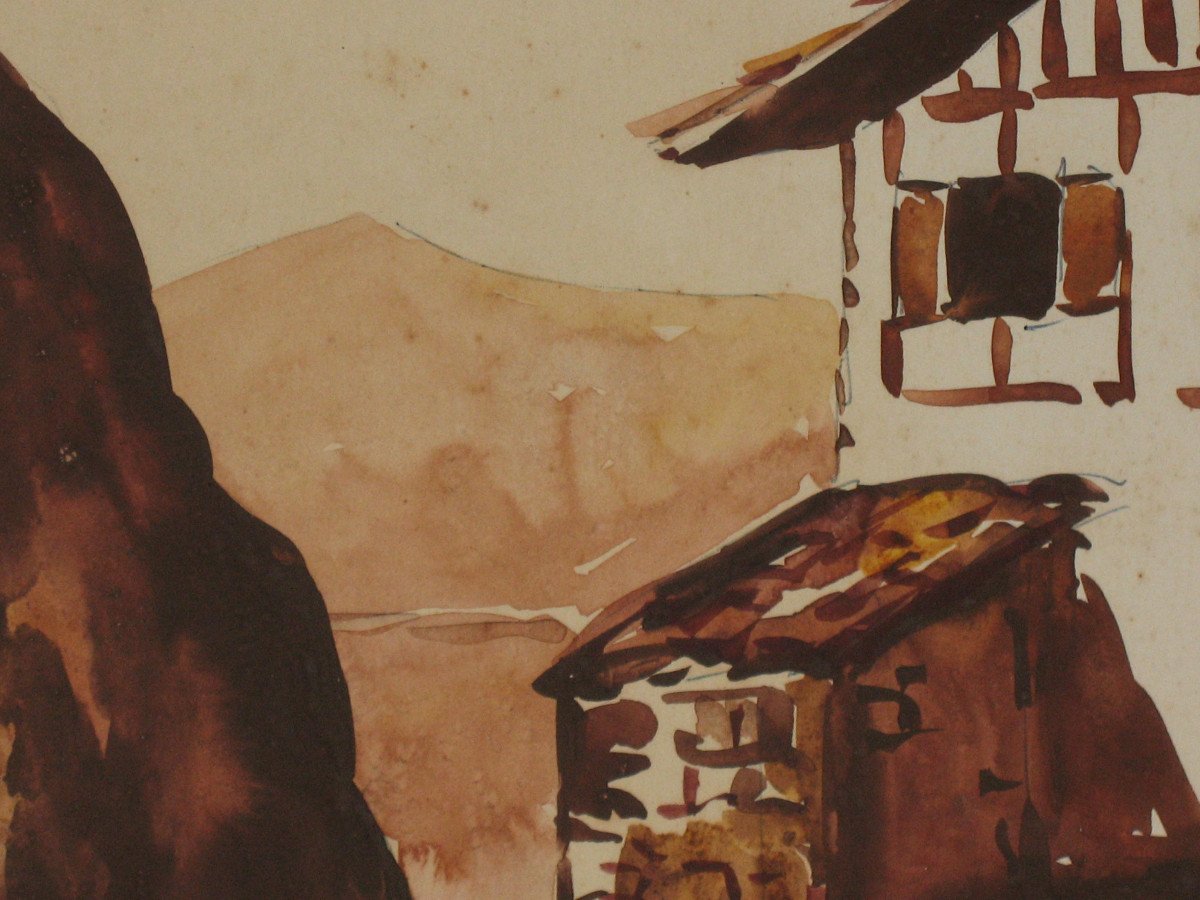 Watercolor Brown Wash View Of Sare And The Rhune Landscape Basque Country 20th Time-photo-6