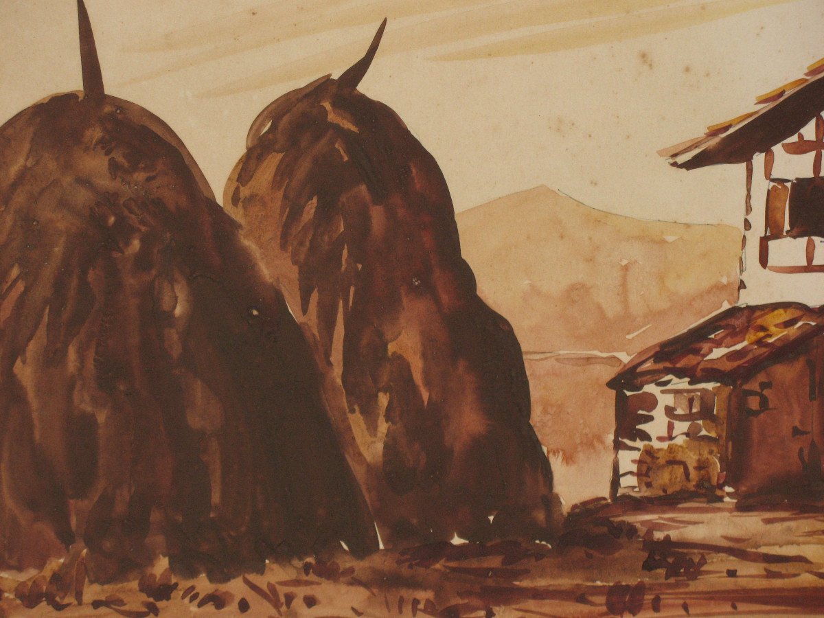 Watercolor Brown Wash View Of Sare And The Rhune Landscape Basque Country 20th Time-photo-7