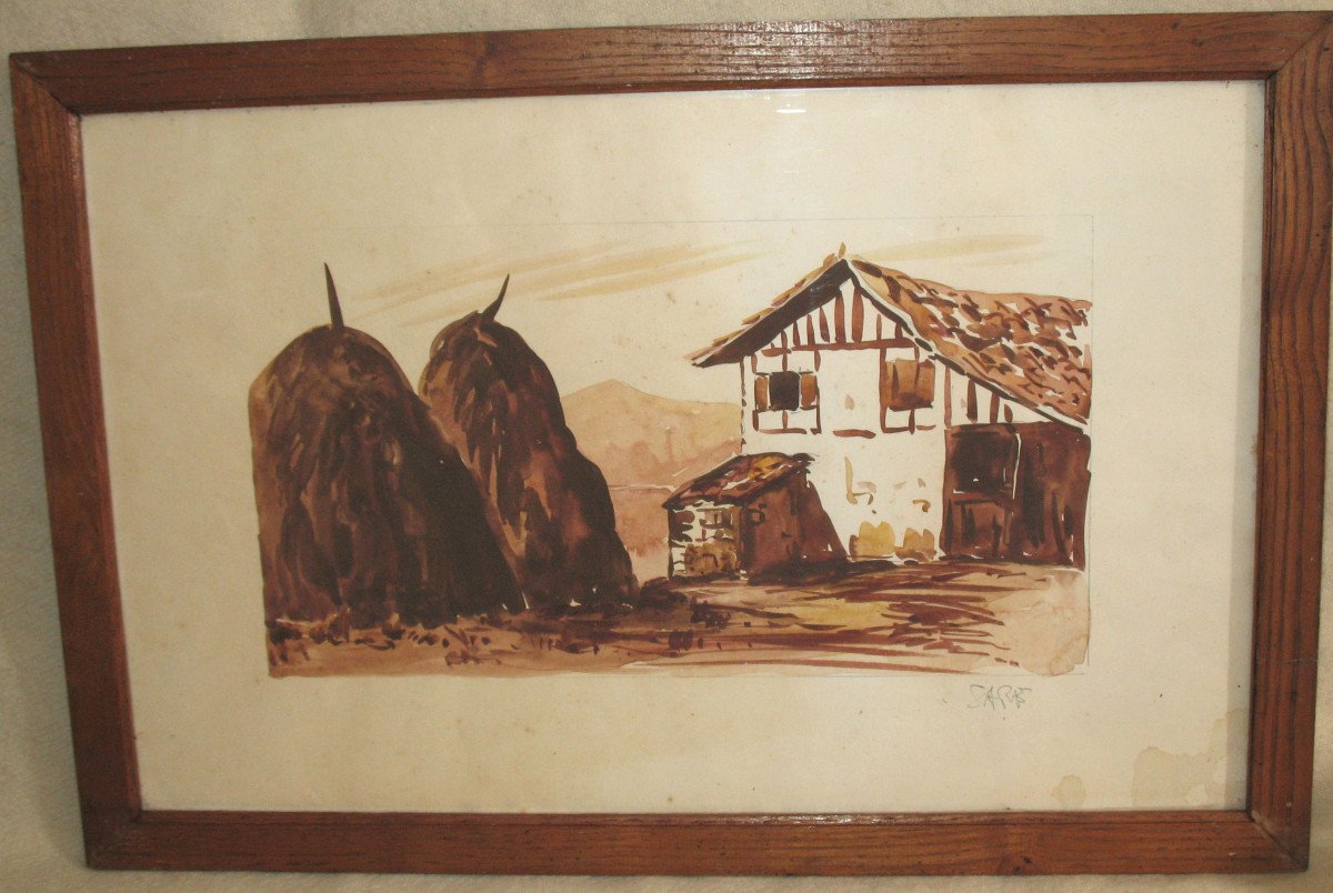 Watercolor Brown Wash View Of Sare And The Rhune Landscape Basque Country 20th Time