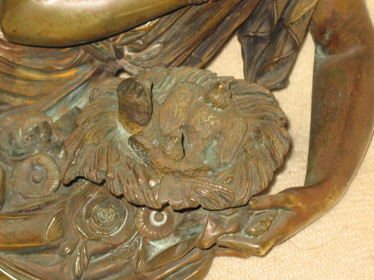 Bronze Sculpture Woman In The Antique With Nest Of Birds 19th Time-photo-1