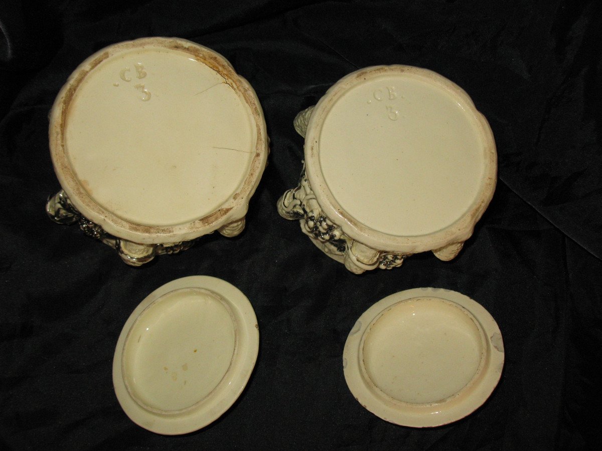 Pair Of Langeais Faience Pipe Holder Tobacco Jars With Grapes Decor, Signed 19th Century-photo-7