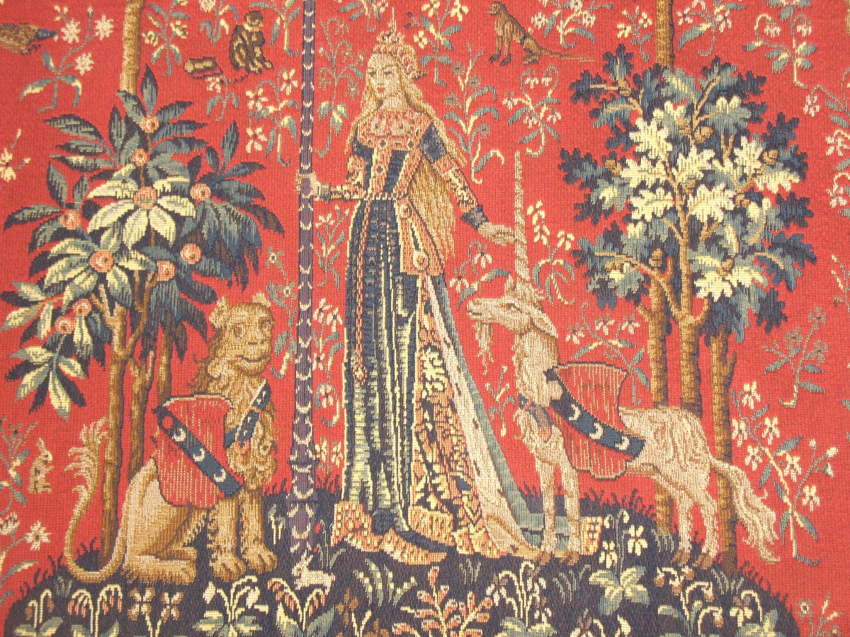 Pair Of Large Halluin Tapestries The Lady With The Unicorn: Touch - Sight 105 X 130 Cm-photo-3