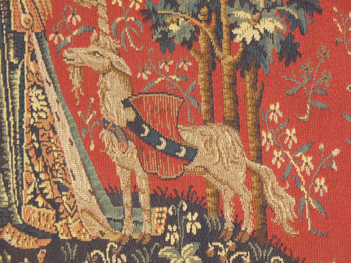 Pair Of Large Halluin Tapestries The Lady With The Unicorn: Touch - Sight 105 X 130 Cm-photo-4