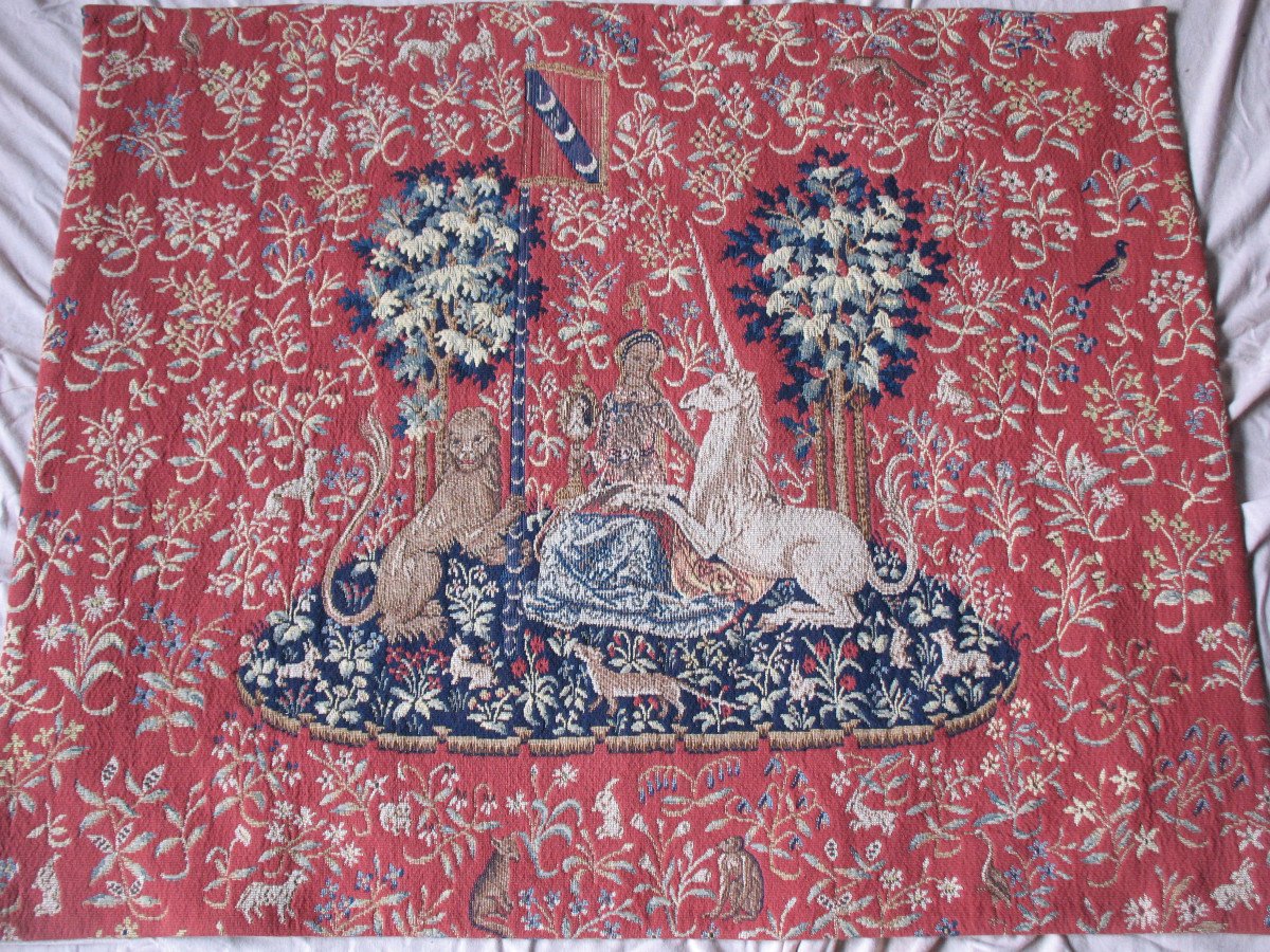 Paire de grandes tapisseries d'Halluin la Dame à la licorne : le Toucher - la Vue 105 x 130 cm-photo-1