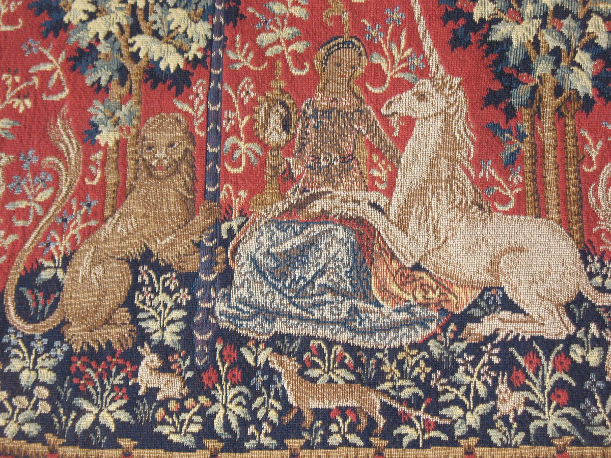 Paire de grandes tapisseries d'Halluin la Dame à la licorne : le Toucher - la Vue 105 x 130 cm-photo-2